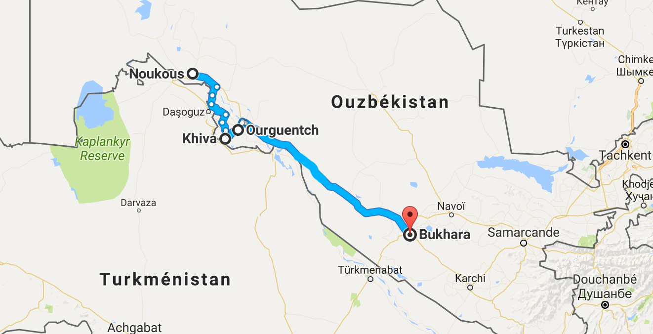 640 km entre Noukous et Bukhara, en passant par Khiva et Ourguentch. Principalement à travers le désert...!