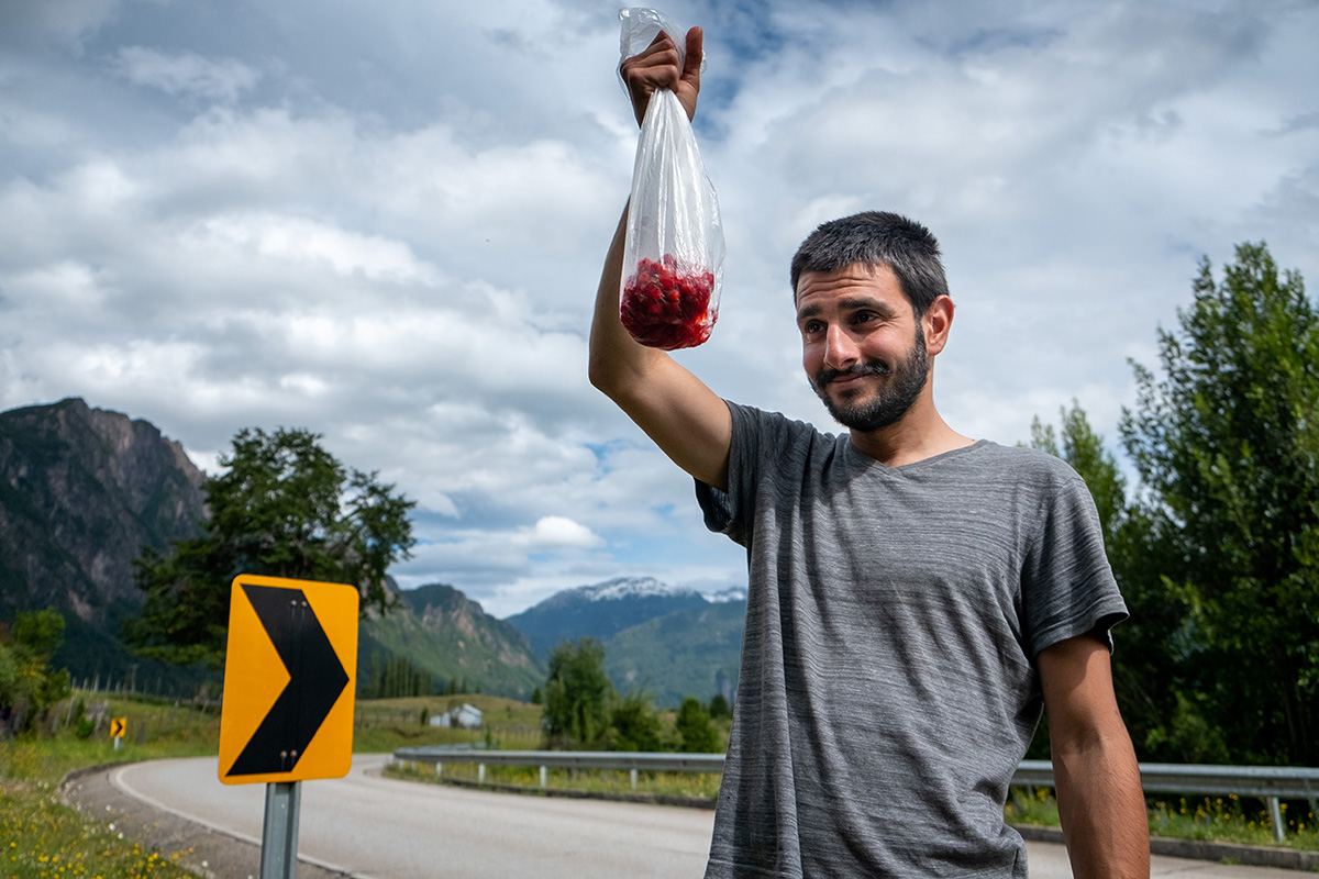 Davide, fier d’une récolte de framboises sauvages.