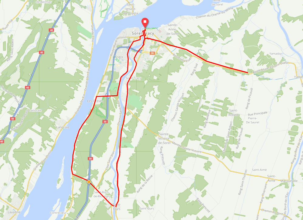 The day's itinerary, approximately 65 km from Sorel-Tracy.