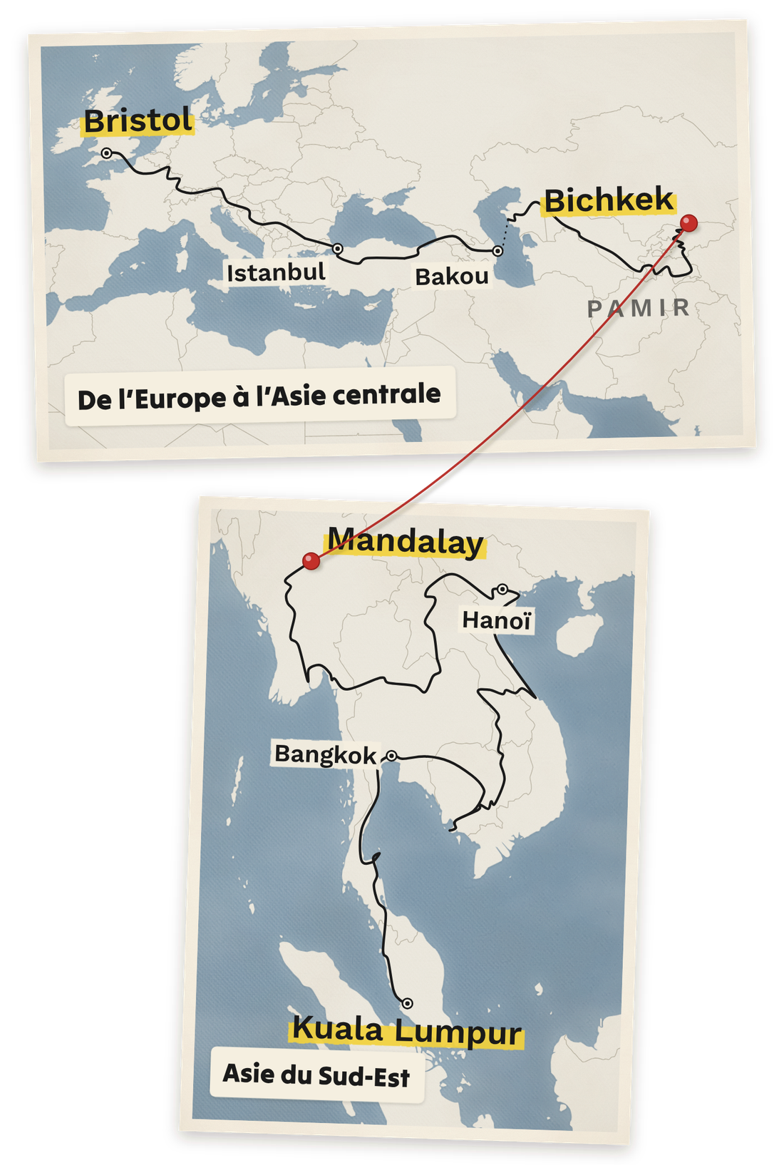 Carte du parcours du tome 1 : de l’Angleterre à la Malaisie