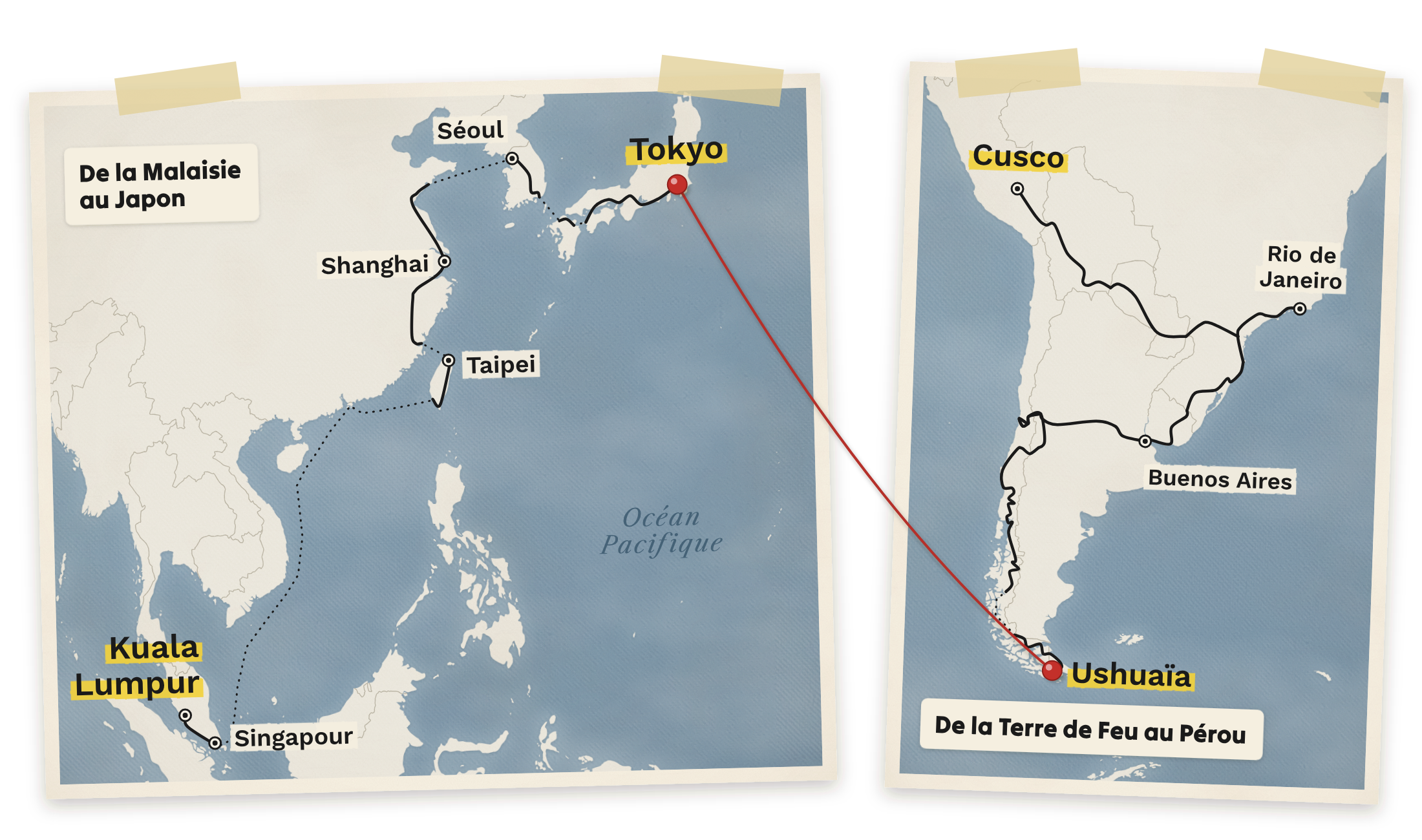 Carte du parcours du tome 2 : de la Malaisie au Japon, puis à travers l’Amérique du Sud