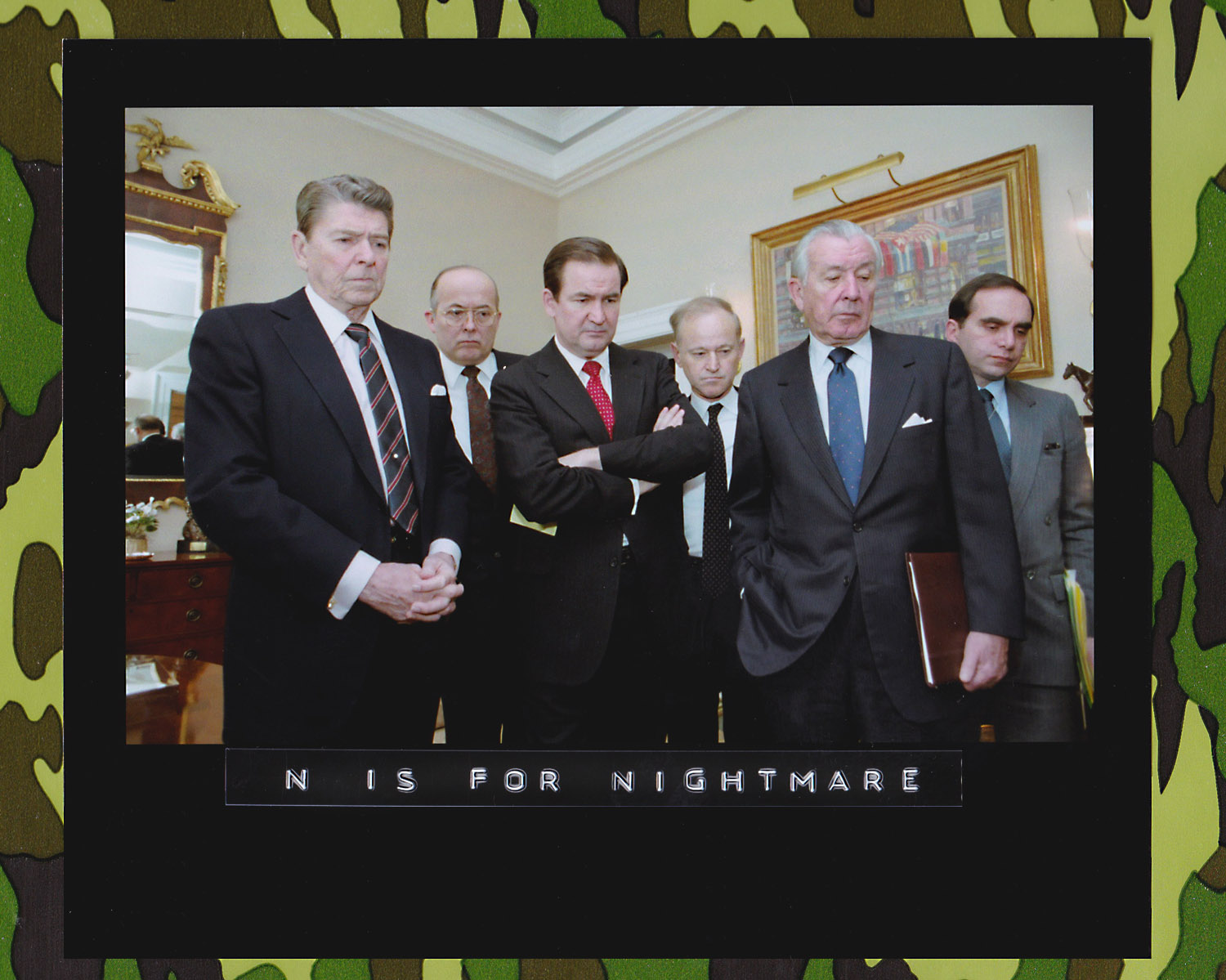 President Reagan and his staff watch the television in the wake of the Challenger explosion, waiting for news and watching replays of the disaster. Left to right: Ronald Reagan, James Poindexter, Pat Buchanan, Alfred Kingon, Don Regan, Edward Djerejian. (Photo: Bill Fitzpatrick/Courtesy of the Ronald Reagan Library)