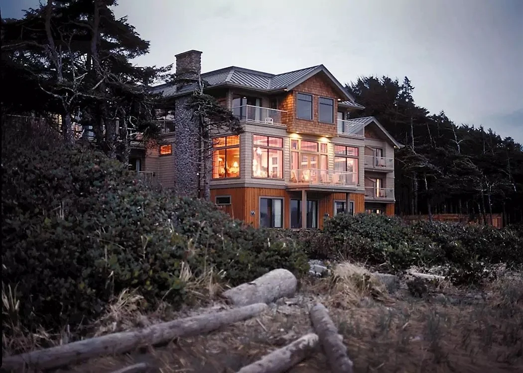 exterior of long beach lodge tofino vancouver island wedding venue at dusk