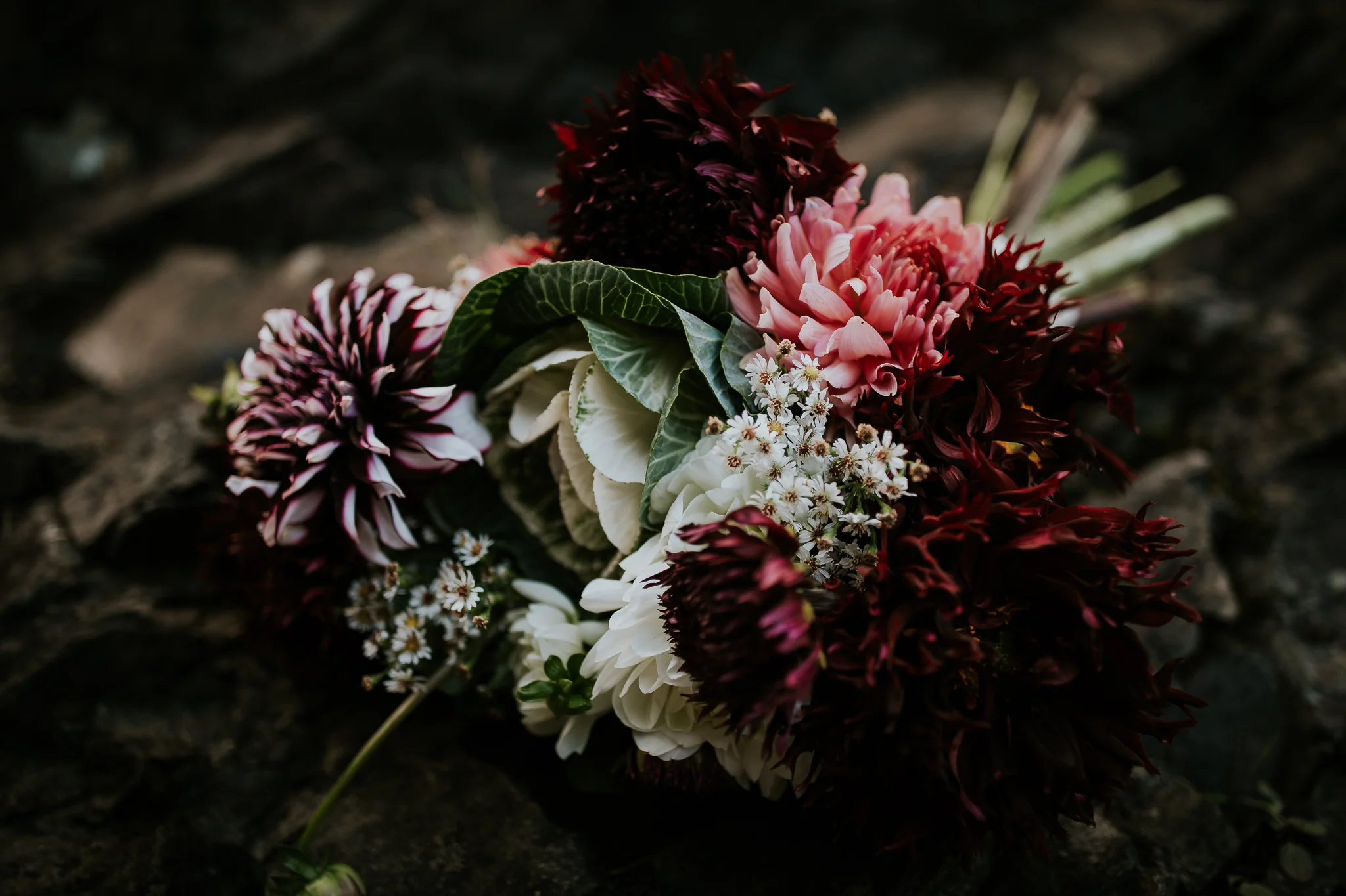 Fresh local flower bridal bouquet at Snoqualmie falls