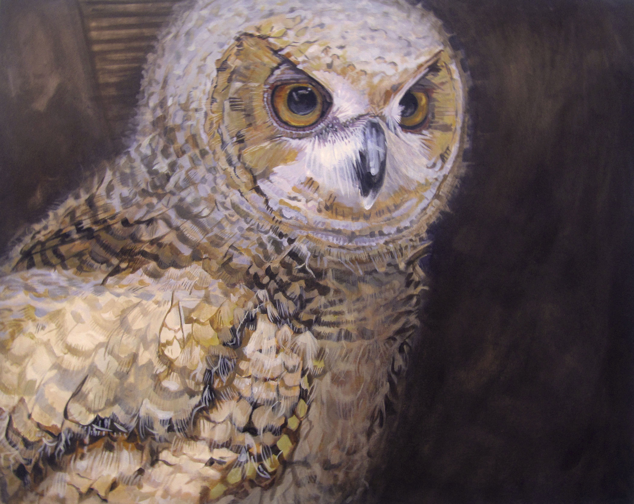 Acrylic painting of an Eurasian eagle owl chick.