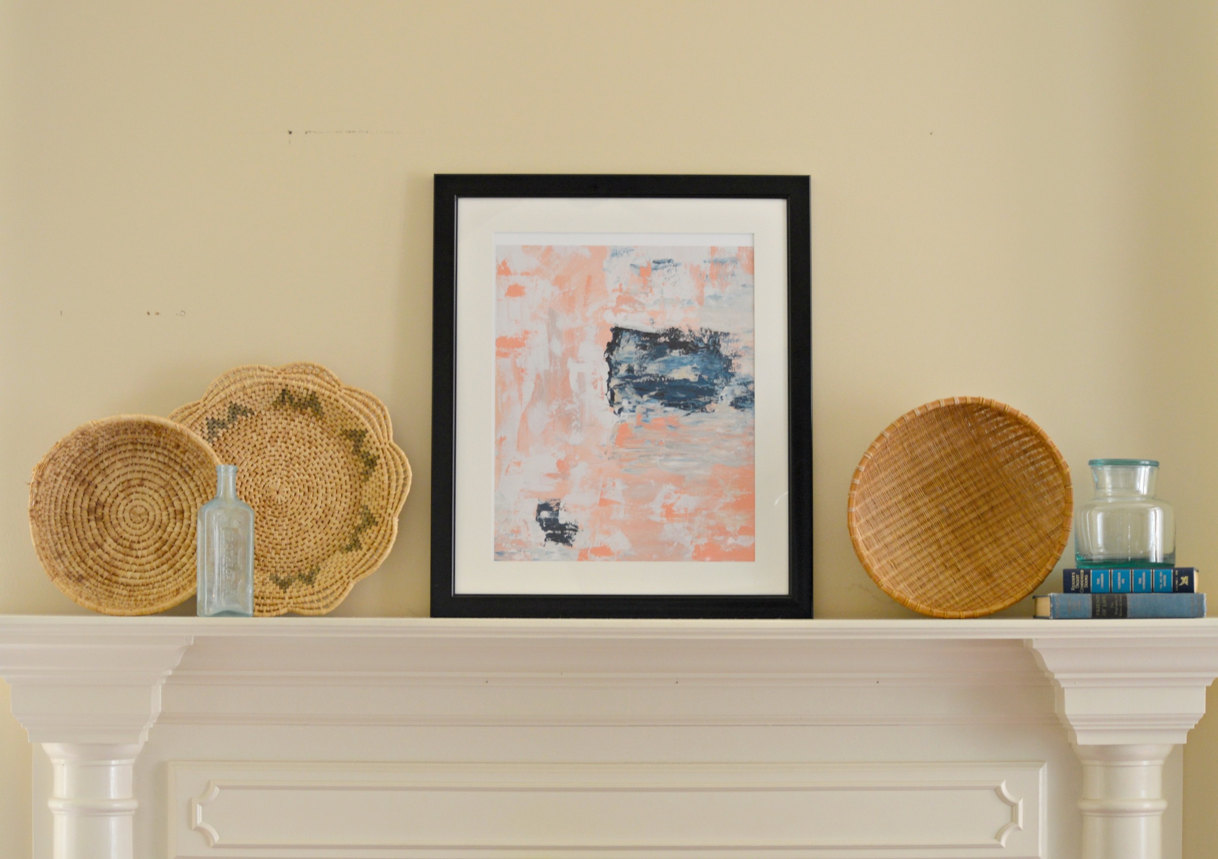 Baskets, Books, and Blue Glass, Harper and Arrow Market Abstract Art, (this piece is a smaller version of one this artistis custom painting for this space insimilar colors), Christie Adelle