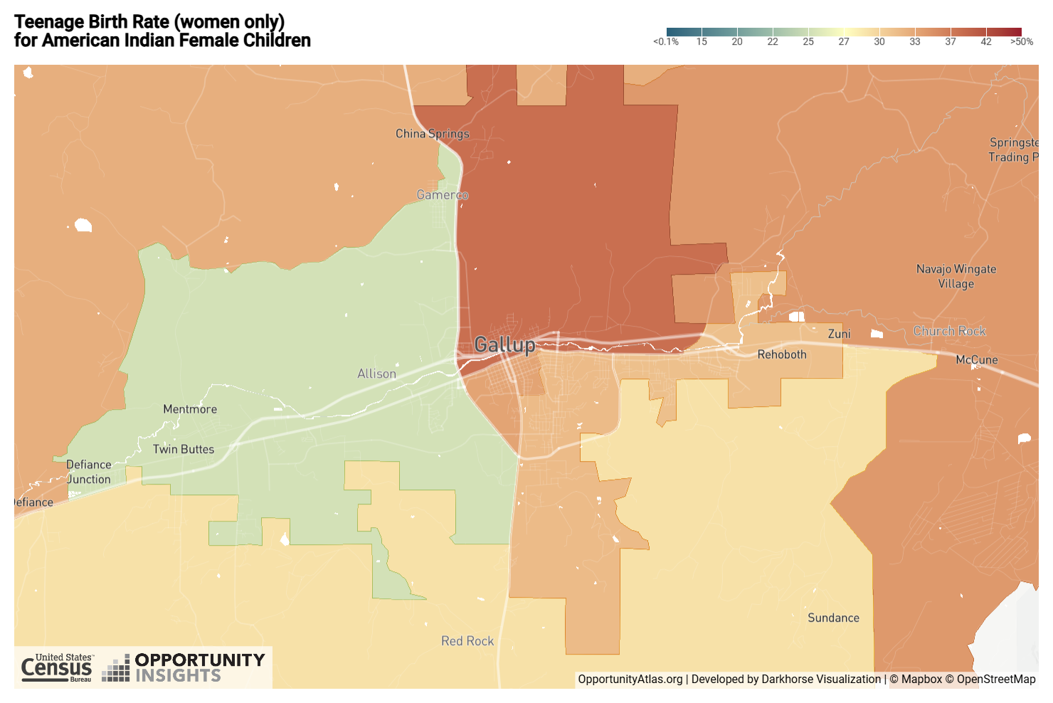 Teenage birth rate for American Indian female children, Gallup area. Deep red: over 42%.