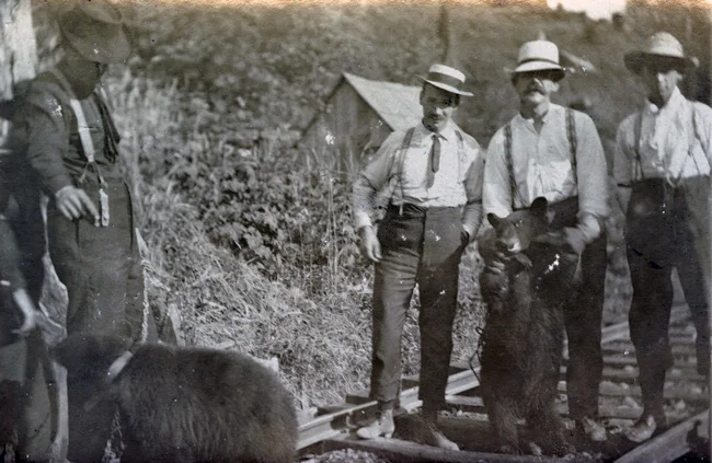 Novel for the time, melancholic today. Erik Andreas poses with orphan Black Bear cubs. (1903-05)