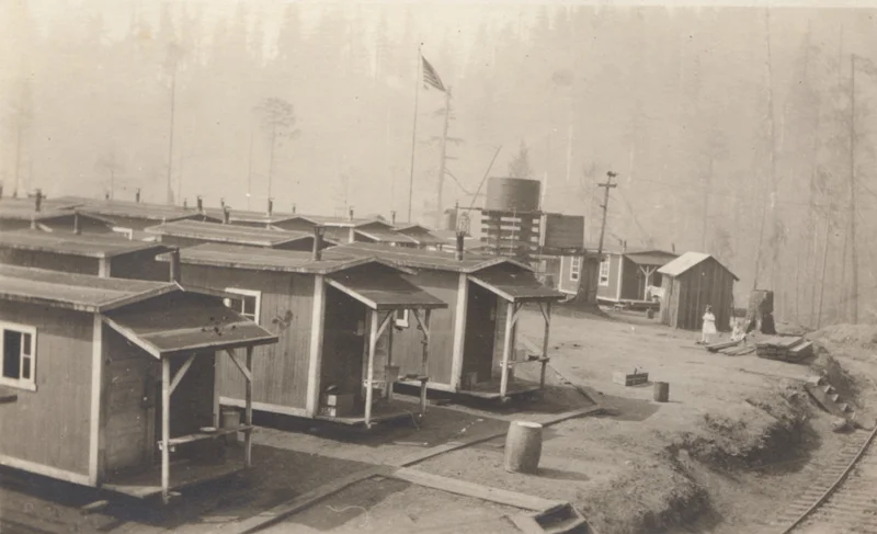 Photo by E. A. Persson of W. L. & T. Co. camp, near Oak Point, WA. Two girls playing far right. (1906-10)