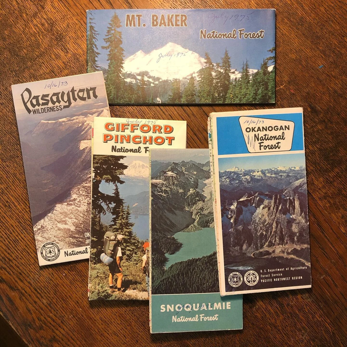 Group of 5 National Forest Maps - AAA 1975. Excellent condition stored in dry locations. Each opens up to 38x18inch map or information grid. These would look excellent framed as posters. Months (July) and Years (1975) are scrawled on some covers. Wri