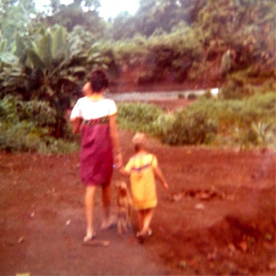 The girls and I on the path through our village with Tinker, our puppy