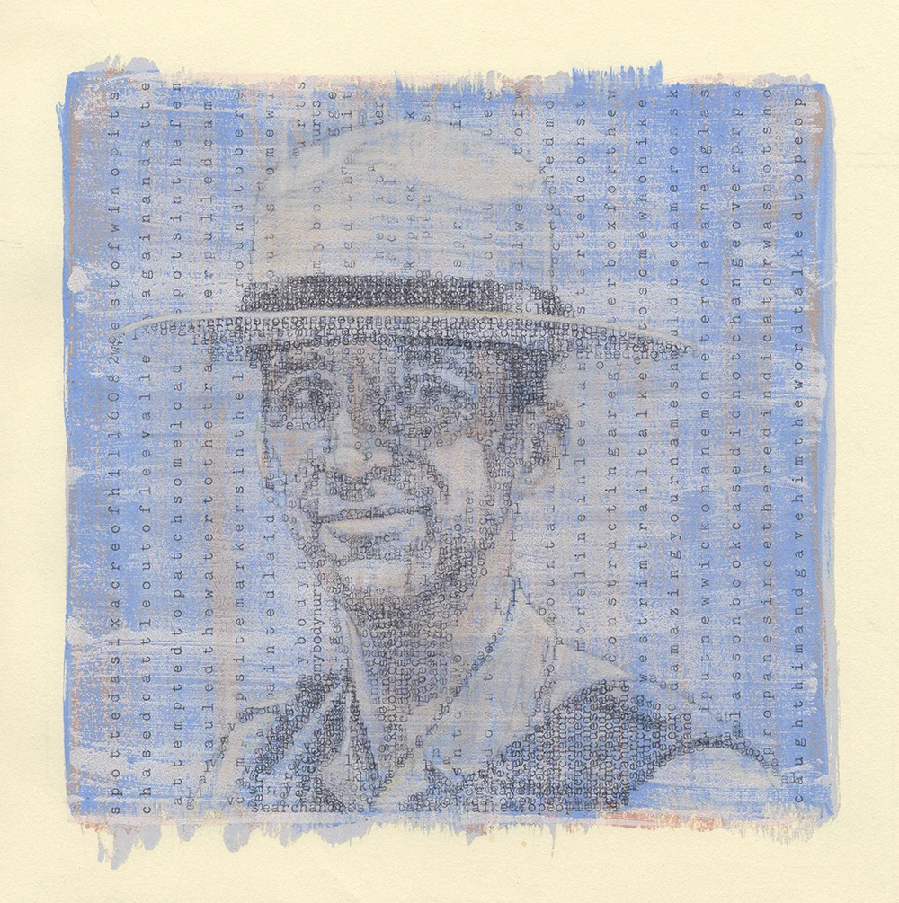 Portrait of a Ranger Typewritten Ink and Printed Acrylic on Paper 8 x 8 inch image on 10 x 10 inch paper, 2015 Portrait of Zion National Park law enforcement ranger Rayne Rohrbach created with entries from earlier park rangers in a 1974 Lava Point Log, acc# 11889.