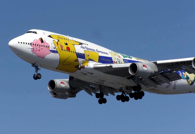 An All Nippon Airways 747 adorned with Pokemon characters