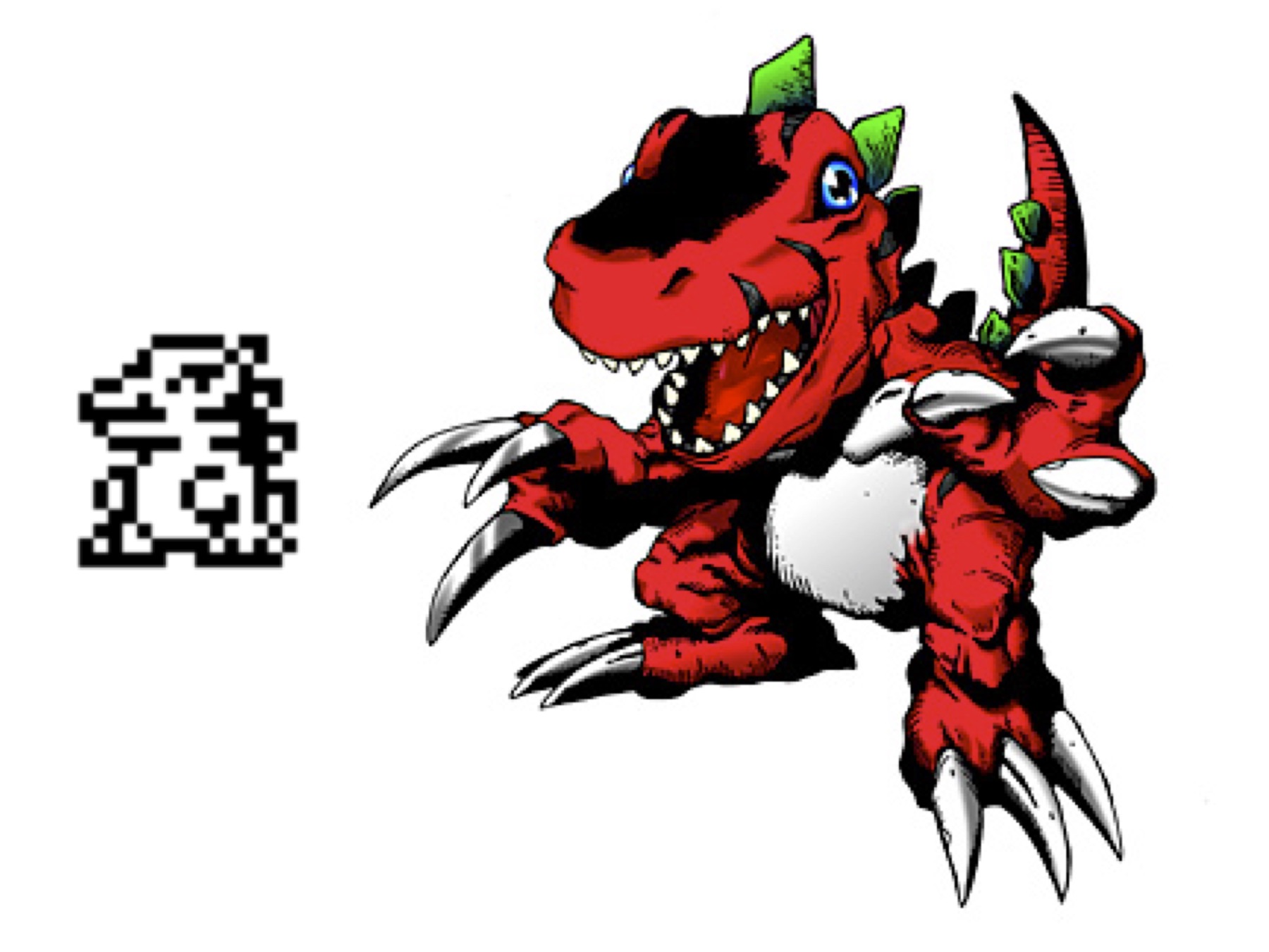 Tyrannomon, the first Digimon, in his original pixel and trading card forms
