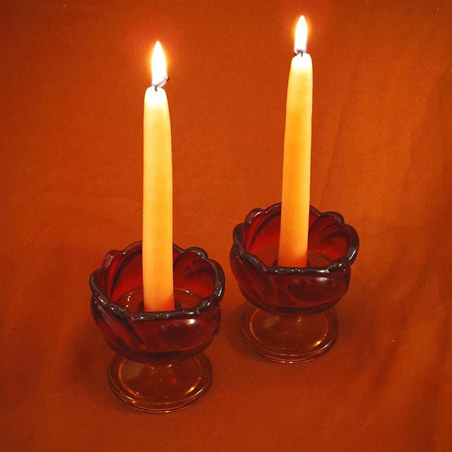 Stunning red-amber ombr&eacute; sculpted glass tulip candle holders | 1970s | Truly a rare and unique set; I haven&rsquo;t been able to turn up anything else like these guys. &bull; $65 + shipping &bull; Excellent vintage condition; no flaws. DM to p