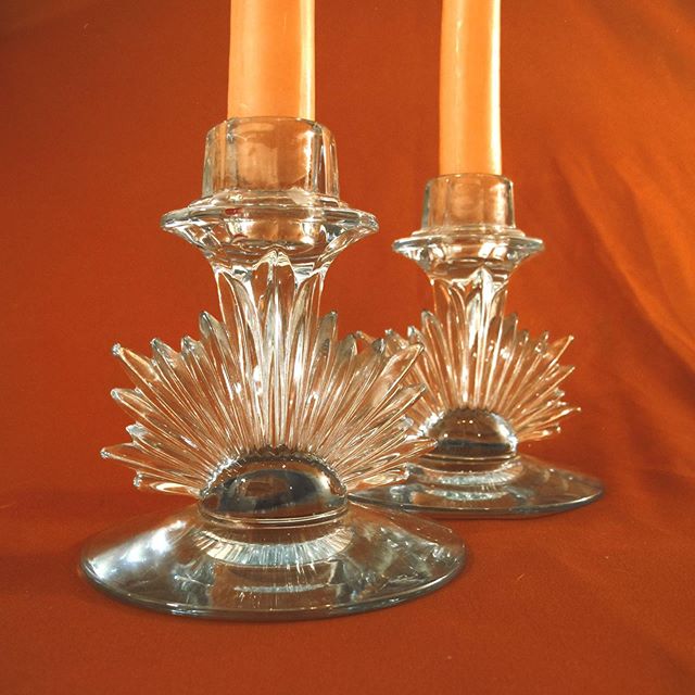 Ice blue Depression glass starburst candlestick holders (2) | Midcentury | Gorgeous, elegant set that would be perfectly set off with colorful candlesticks. &bull; $44 + shipping &bull; Excellent vintage condition; no flaws. (Candles not included). D