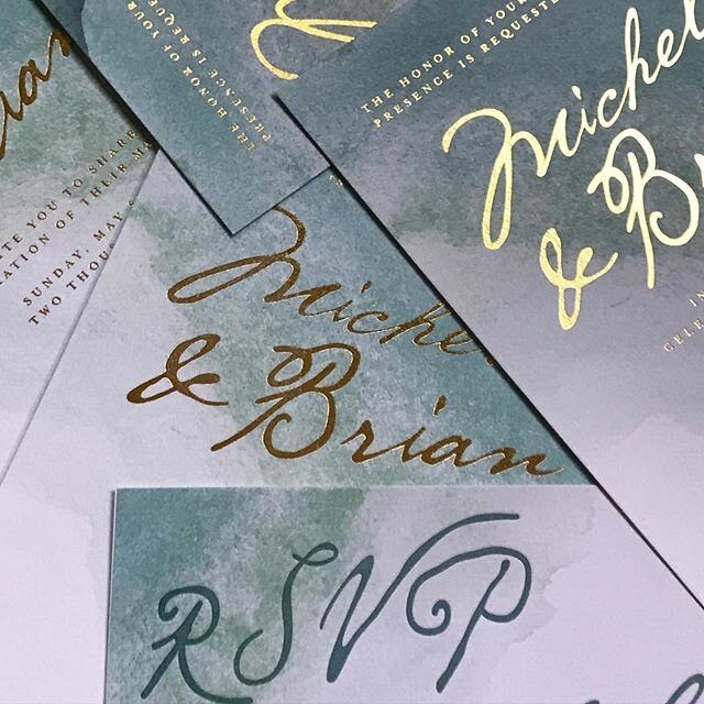 Gold-plated January blues 🌊 Ocean wave watercolor with teal letterpress + metallic gold foil for Michelle + Brian&rsquo;s spring wedding in St. Lucia 🌊