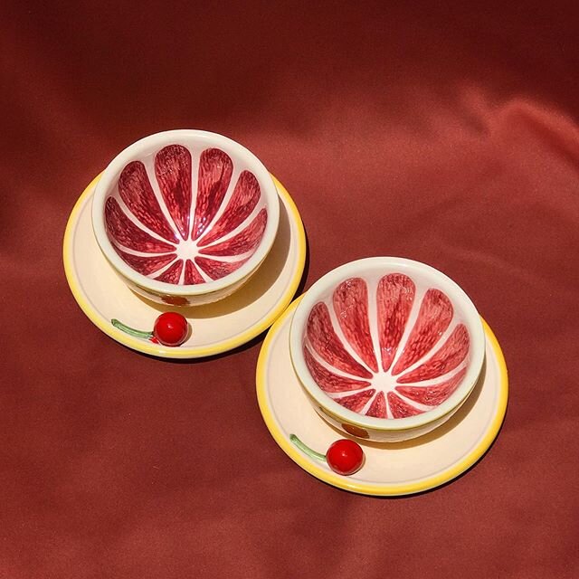 SOLD 🍒 Vintage ceramic grapefruit bowls with cherry detail &amp; fused saucer base (2) | 1990s | Made in Japan.