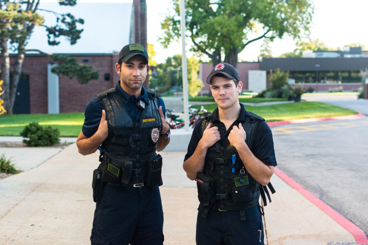 Security guards Anthony Gann and Wyatt Johnson embracing the new walking policy for security. | PC: Zach Morrison