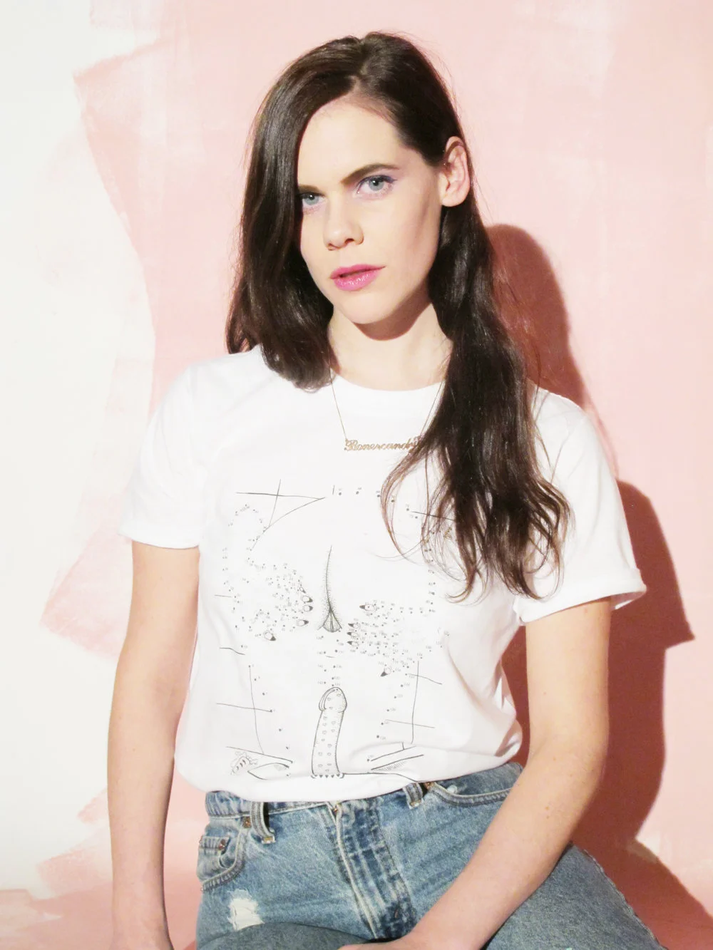 Vancouver artist Nikki Peck wearing her art. You can buy the ‘Spa Night’ t-shirt <here >