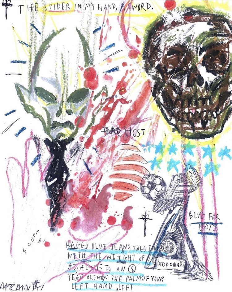 'Bad Host', Red Wax, Oil Pastel, Ink and Pencil on Mixed Media Paper.