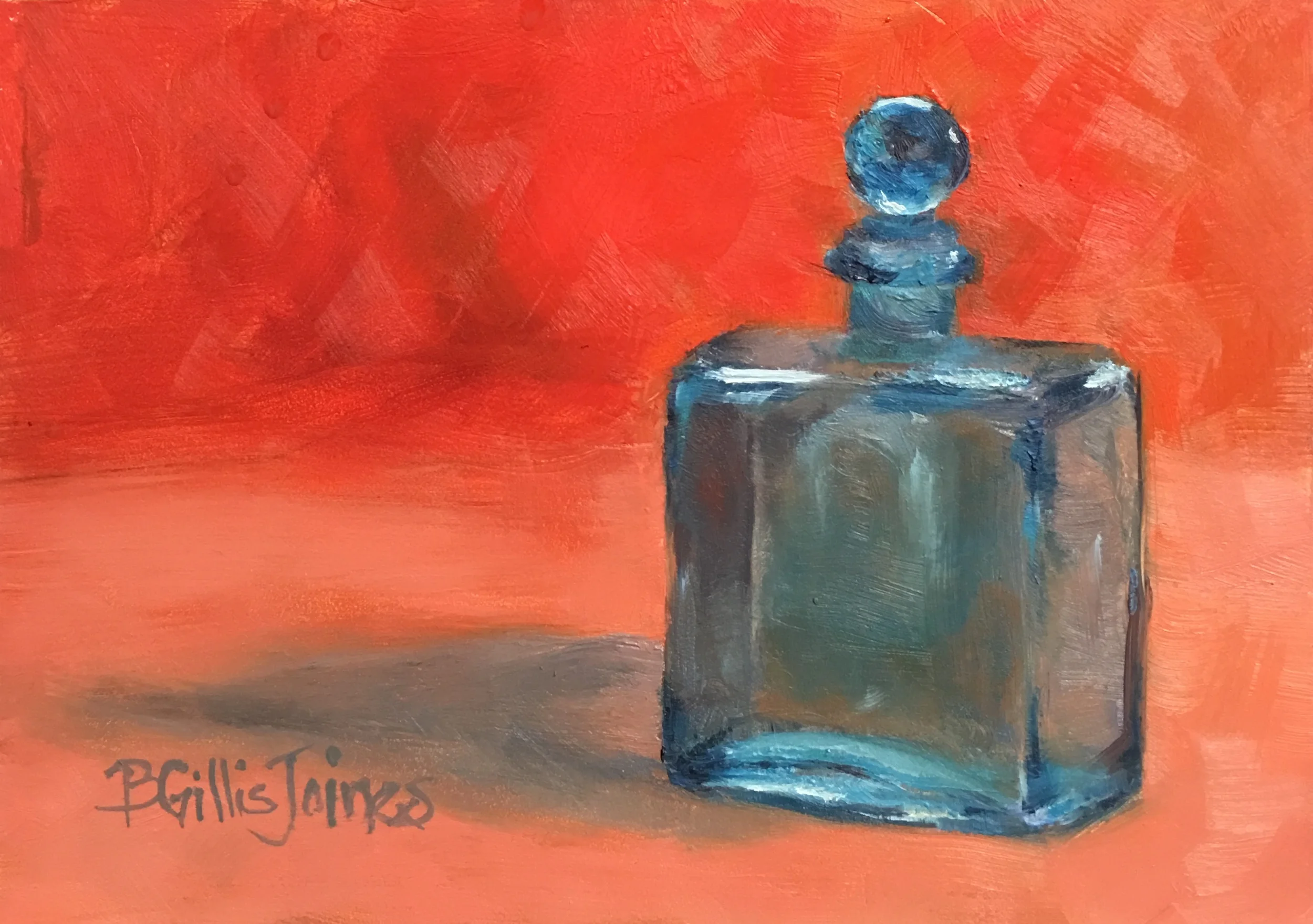 "Blue Bottle In Orange" 5x7 inch Original Oil on Museum Quality Panel For Purchase information, click to bid below