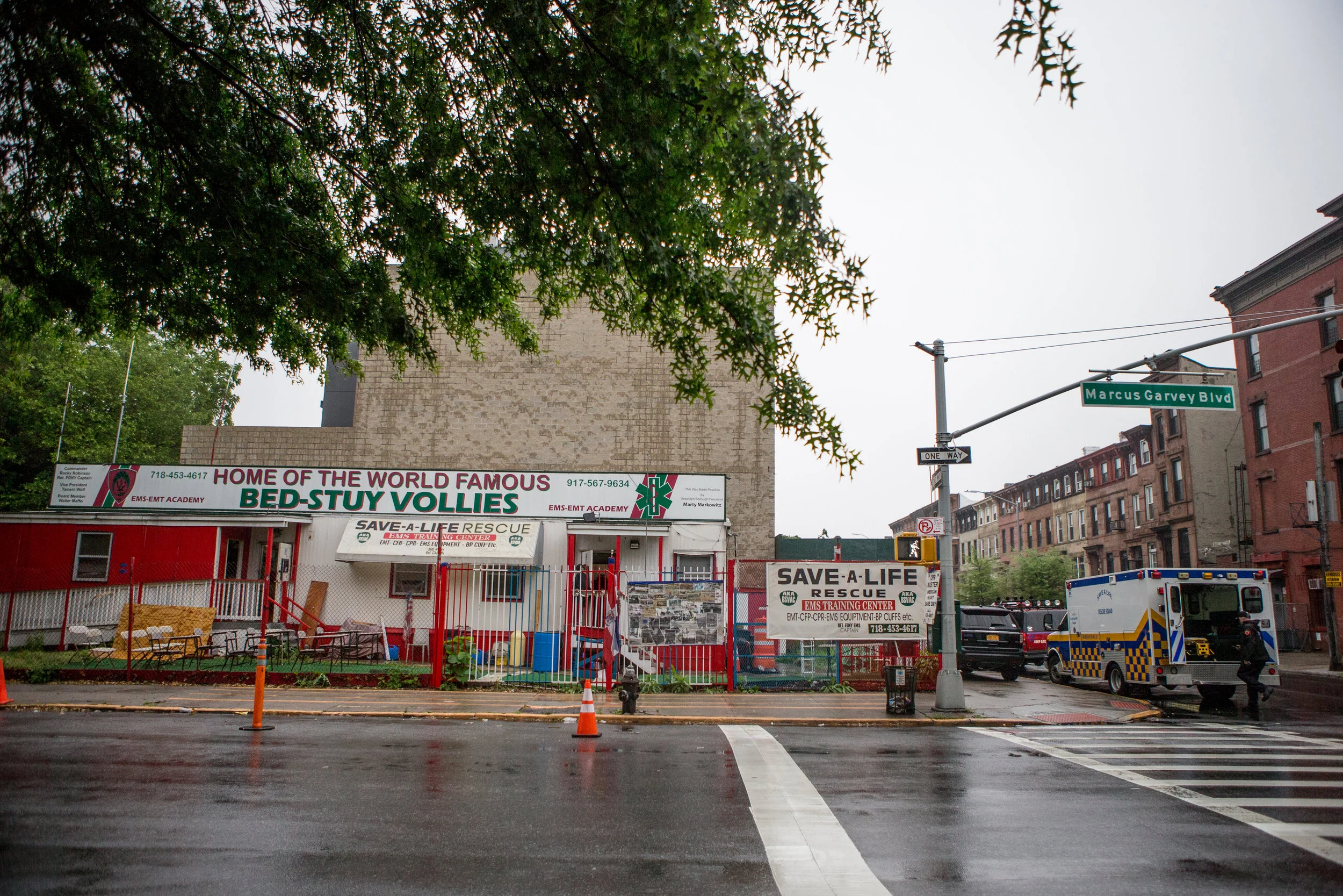The Bedford-Stuyvesant Volunteer Ambulance Corps is located at the intersection of Marcus Garvey Boulevard and Greene Street, in a residential area of Brooklyn.