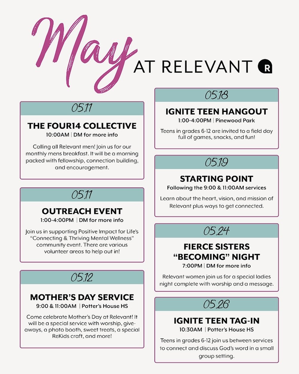 Mark your calendars for May at Relevant! 🗓️✏️

It&rsquo;s going to be a month packed with good things and the best people! 

#relevantchurchgr #mayevents #womensministry #mensministry #youthministry #grandrapidschurch