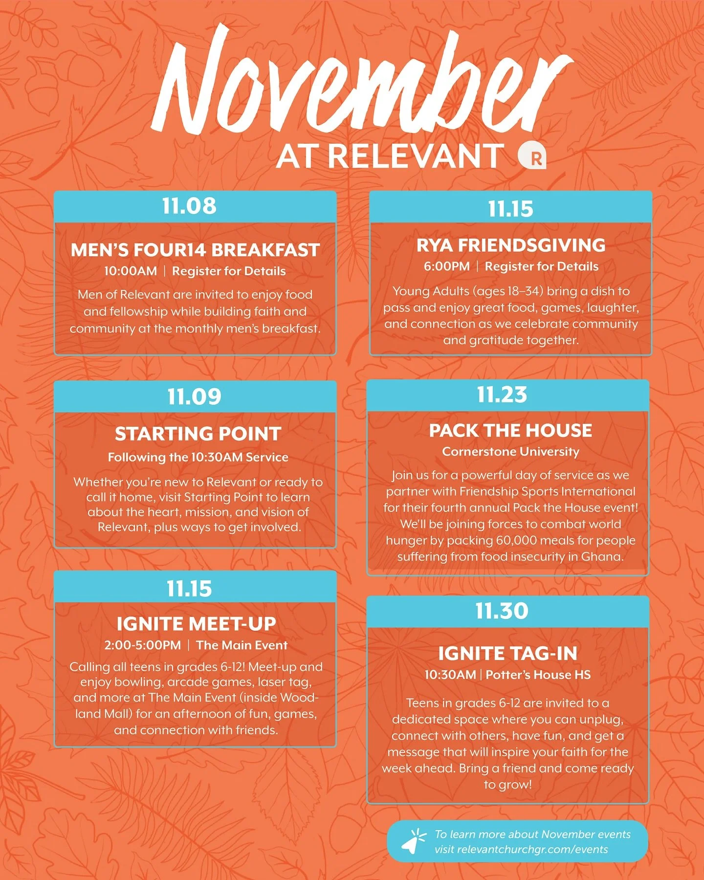 November at Relevant is here! 🍂

We&rsquo;ve got a full month ahead filled with community and opportunities to grow in faith together.

Mark your calendars, invite a friend, and don&rsquo;t miss what God is doing this season at Relevant.

#relevantc