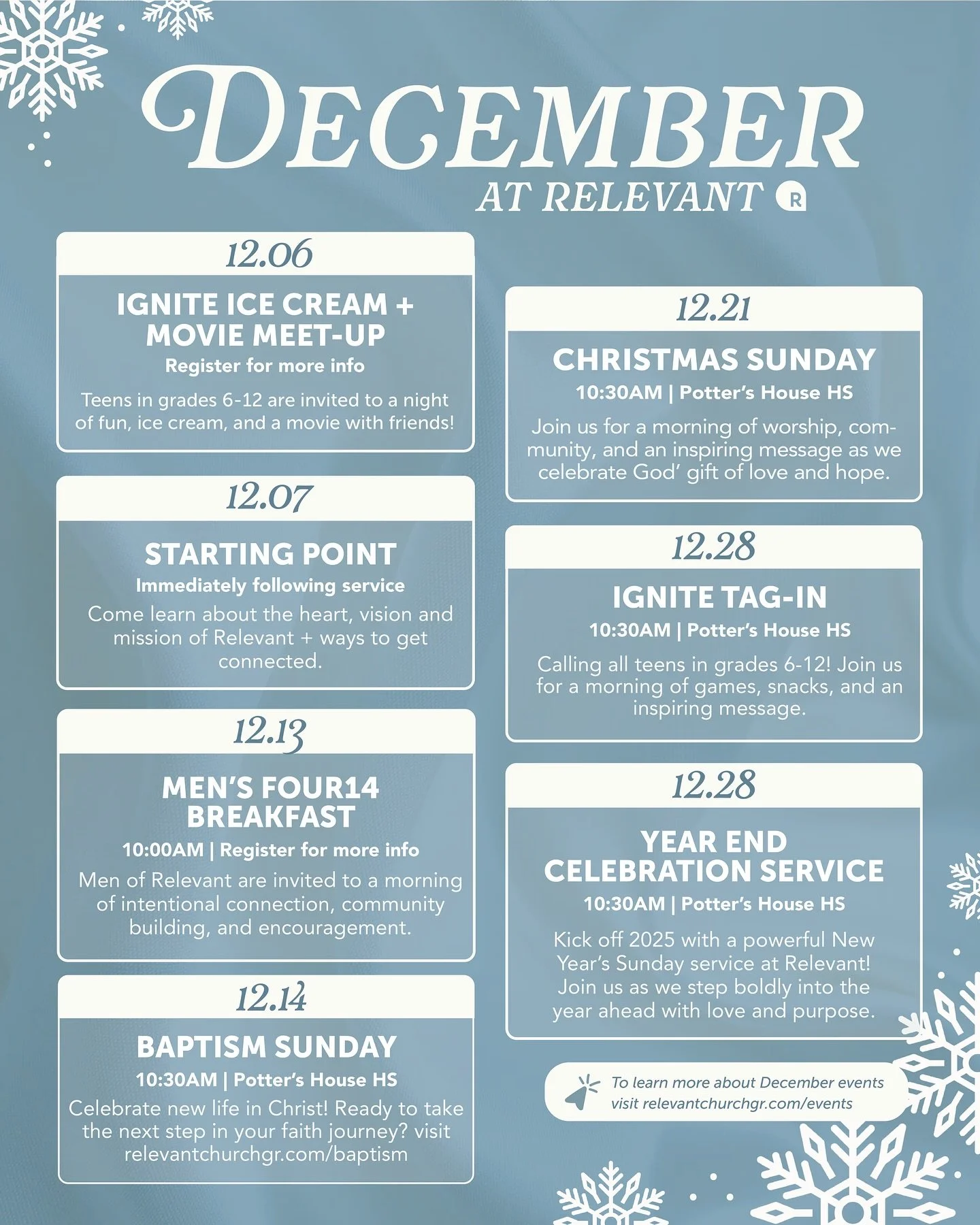 December at Relevant is here! ❄️

This month is full of opportunities to connect and celebrate. Mark your calendar &amp; we&rsquo;ll see you there!

For more information visit relevantchurchgr.com/events 🗓️

#relevantchurchgr #decemberfun #christmas