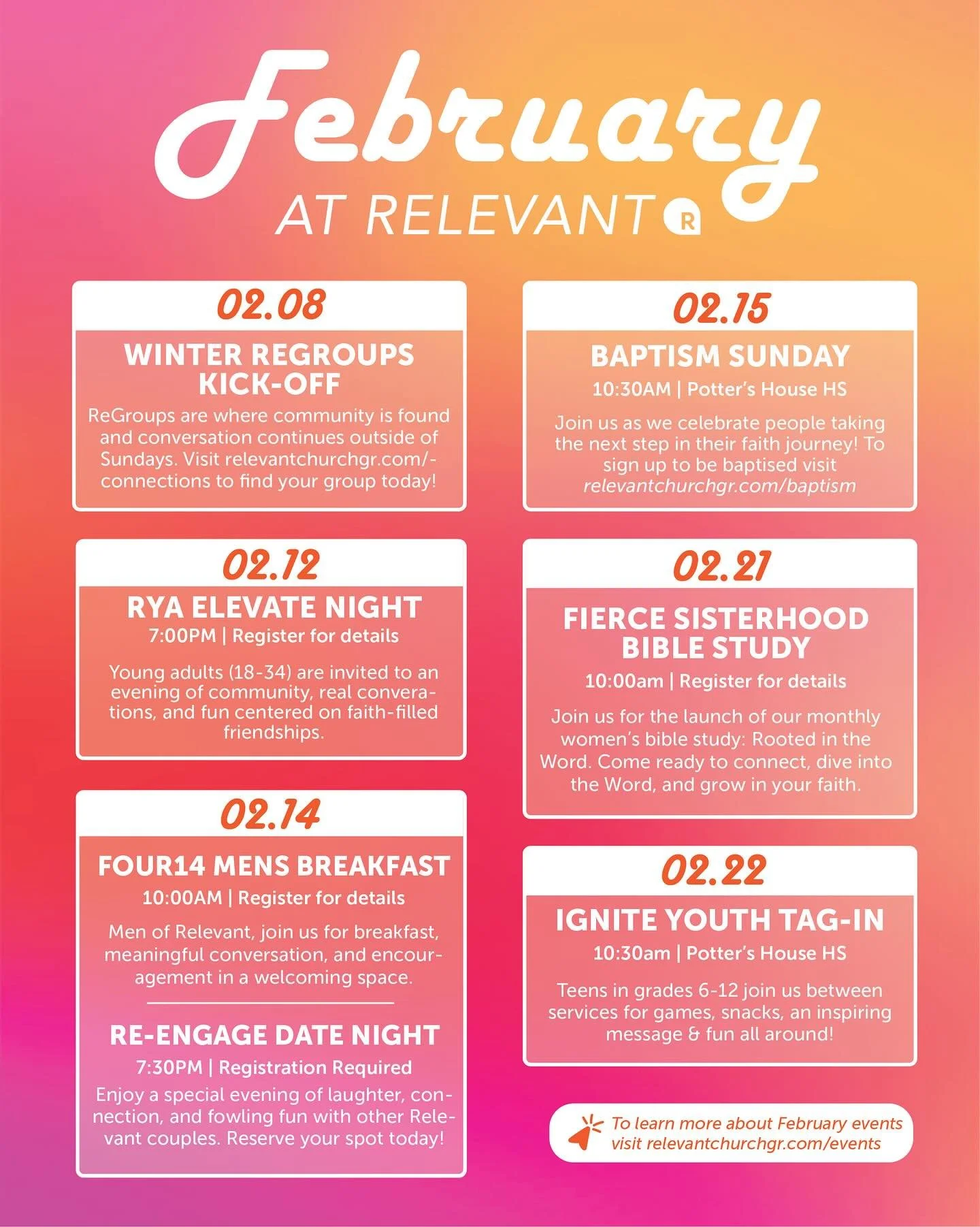 February at Relevant is here! 🗓️✨

A new month means new opportunities to gather, grow, and get connected. From community events to meaningful moments, there&rsquo;s something for everyone.

Head to relevantchurchgr.com/events to learn more and regi