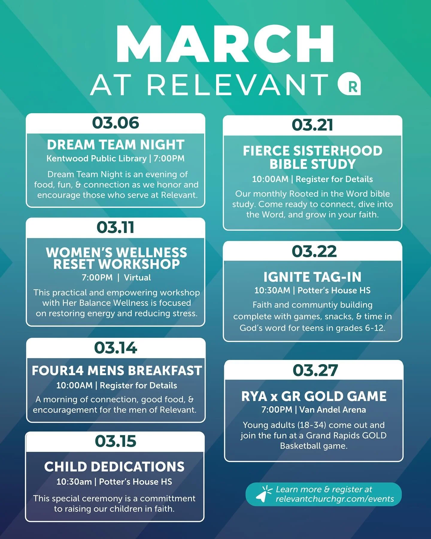 March is here and there&rsquo;s a lot to look forward to. ✨

Here&rsquo;s what&rsquo;s ahead: men&rsquo;s and women&rsquo;s gatherings, spaces for teens and young adults, celebrating our Dream Team, and a special Child Dedication Sunday. It&rsquo;s a