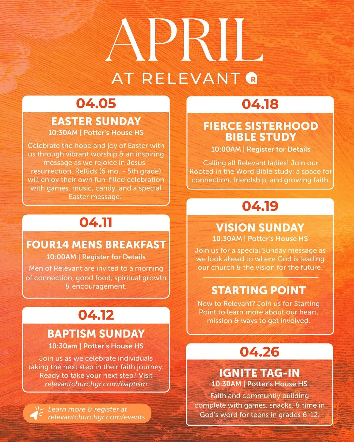 April at Relevant is here and there are so many ways to connect and grow this month. 🌷

From Easter and baptisms to men&rsquo;s and women&rsquo;s gatherings, it&rsquo;s a full month of opportunities to step into community, build relationships, and g