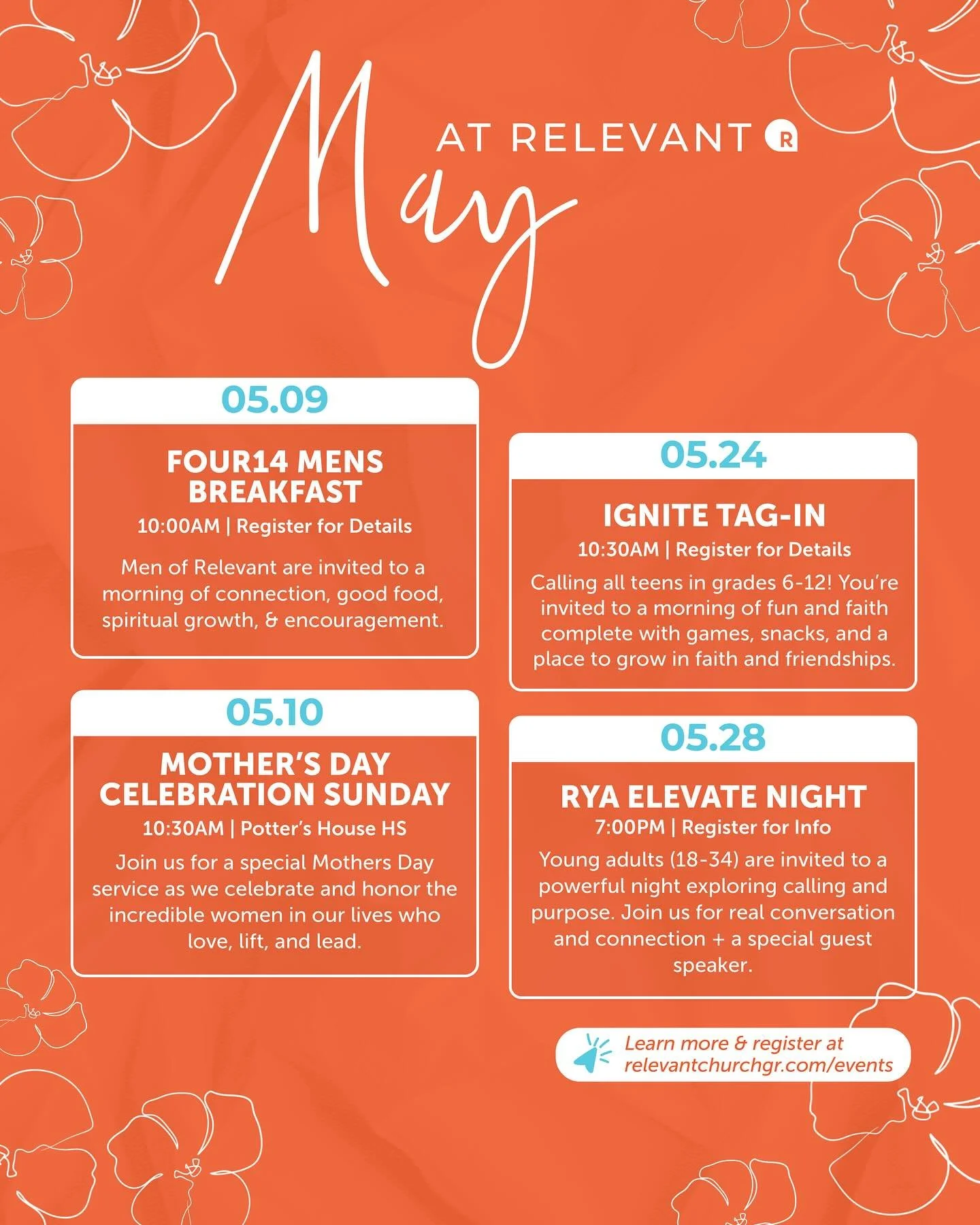 May at Relevant is here. 🗓️🌸

There&rsquo;s something for you this month&mdash;moments to connect, grow, and be part of community.

Mark your calendar and come be part of it. We&rsquo;d love to see you.

Explore May events: relevantchurchgr.com/eve
