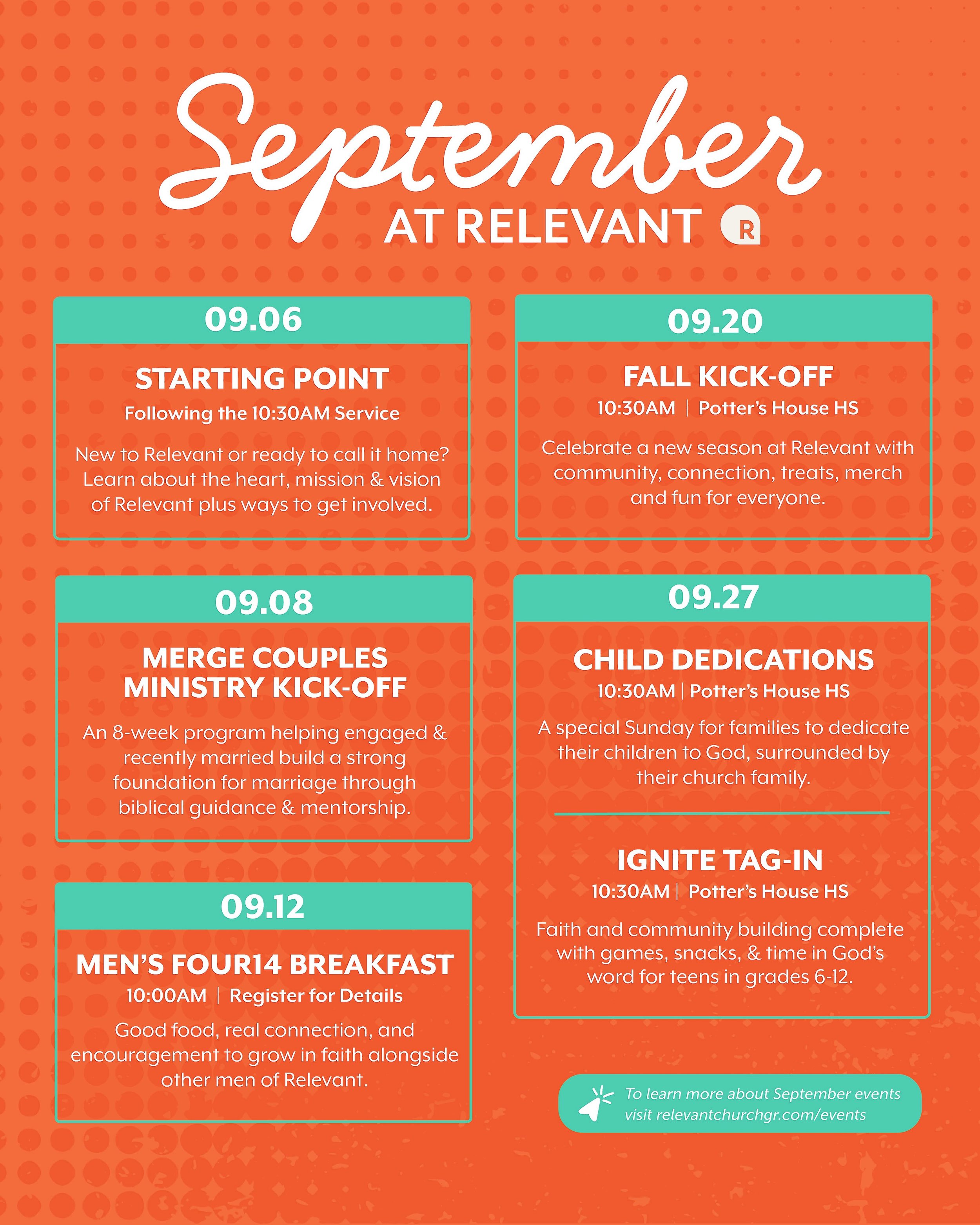 Mark your calendars for September at Relevant! 🗓️

There&rsquo;s a lot happening this month, with plenty of ways to grow in your faith, find community, and get connected.

🔗 See what&rsquo;s happening + register at relevantchurchgr.com/events 

#re