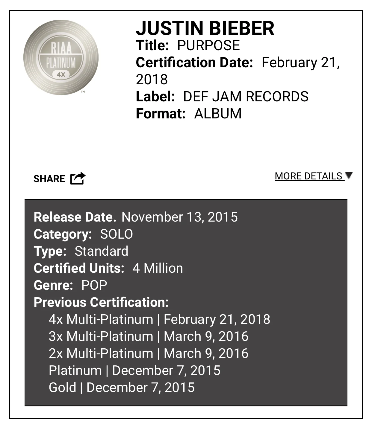Purpose album Justin Bieber 4 x platinum certification confirmation.jpg