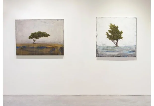 "Wanderlust" (on the left) oil on panel, 36" x 48" and "Winter Pine" (on the right) oil on panel, 40" x 40" - Available at Aberson Exhibits