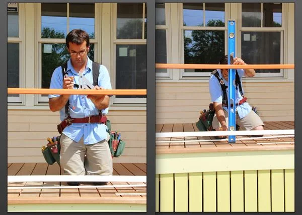 Pollard makes a layout mark at the center of the top rail (left) and transfers the mark onto the bottom rail (right).