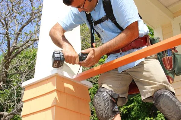 Pollard drives a 3-inch screw to fasten the top rail to the porch column.