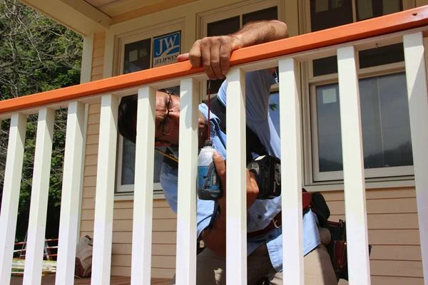 Pollard screws up into the top rail through the sub-top-rail to fasten the baluster assembly in place.