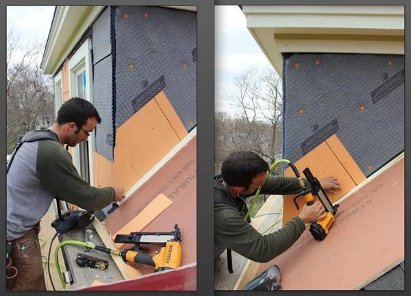Pollard builds up triple shingle coverage at the base of the cheek wall, first attaching a course of full shingles with the base set parallel to the roof (on a temporary one-inch spacer block), then attaching a course of partial shingles cut on an angle to match the roof.