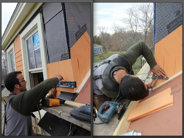 Pollard traces a level line on the face of the dormer (left), then carries the line around to the cheek wall (right) using a torpedo level.
