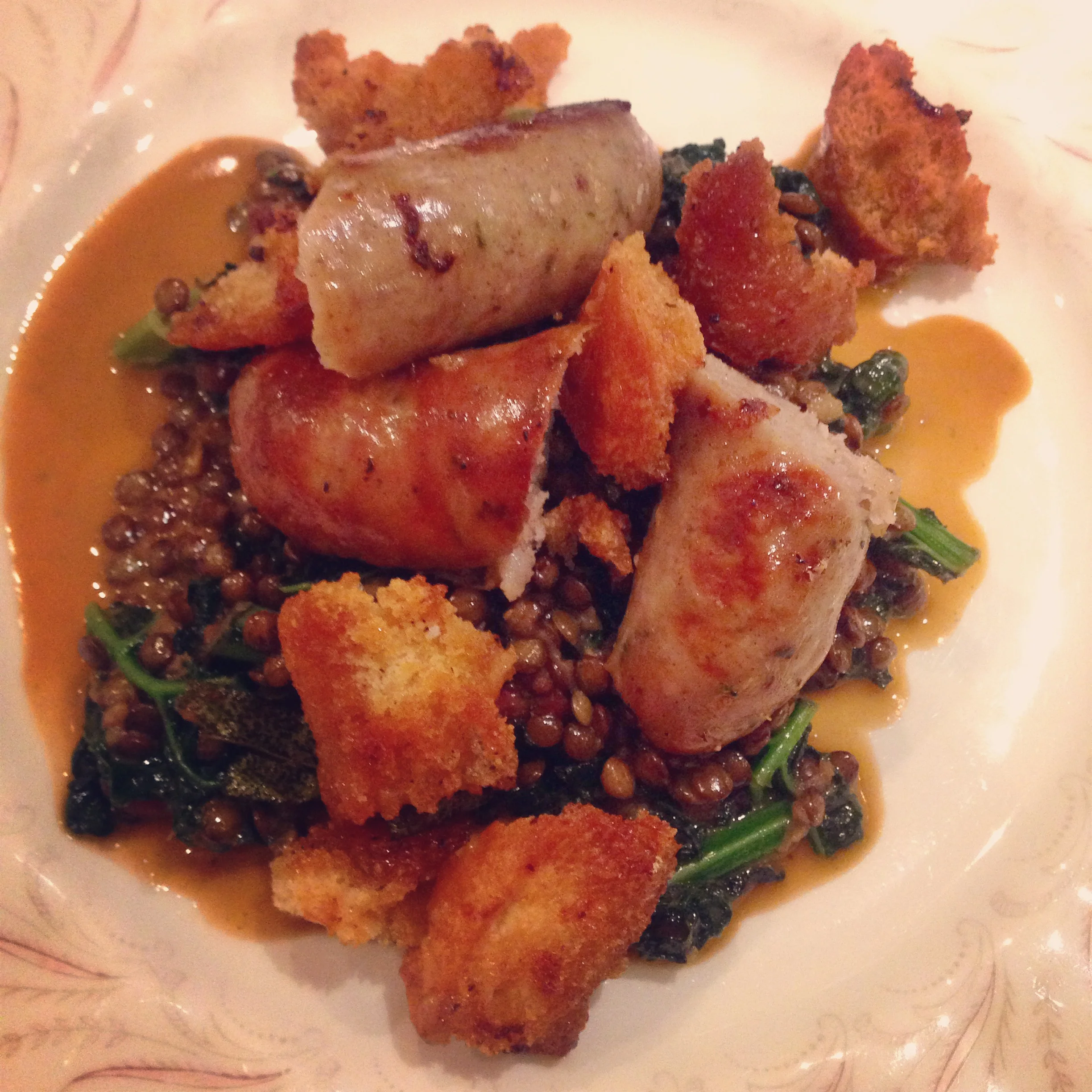 pig, kale and lentils
