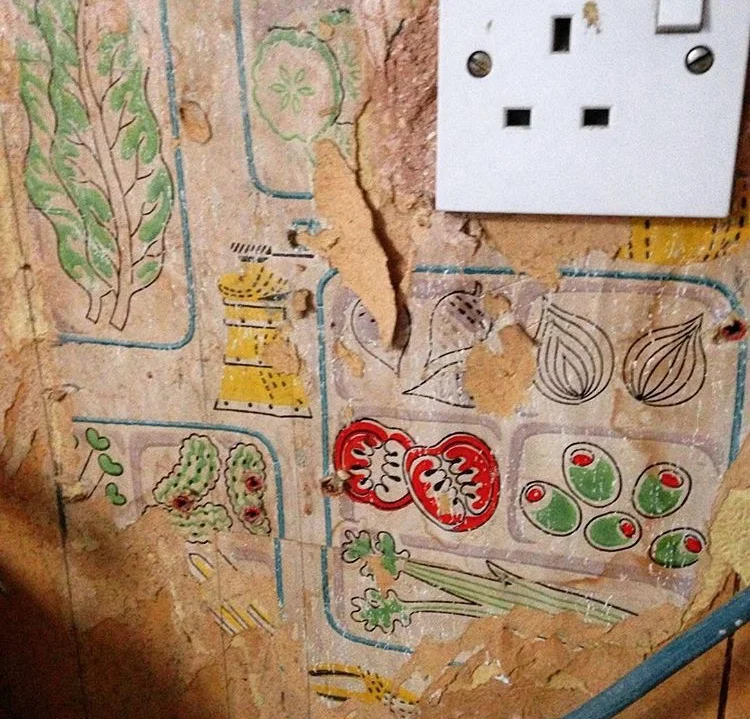 the most retro gorgeous wallpaper revealed in my kitchen - sadly to be covered up but i know it is there!