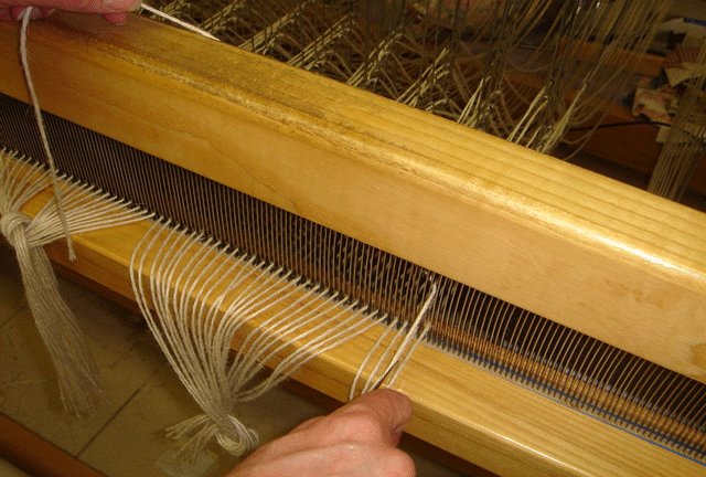 Now we pull each thread through the dents (spaces) in the reed.