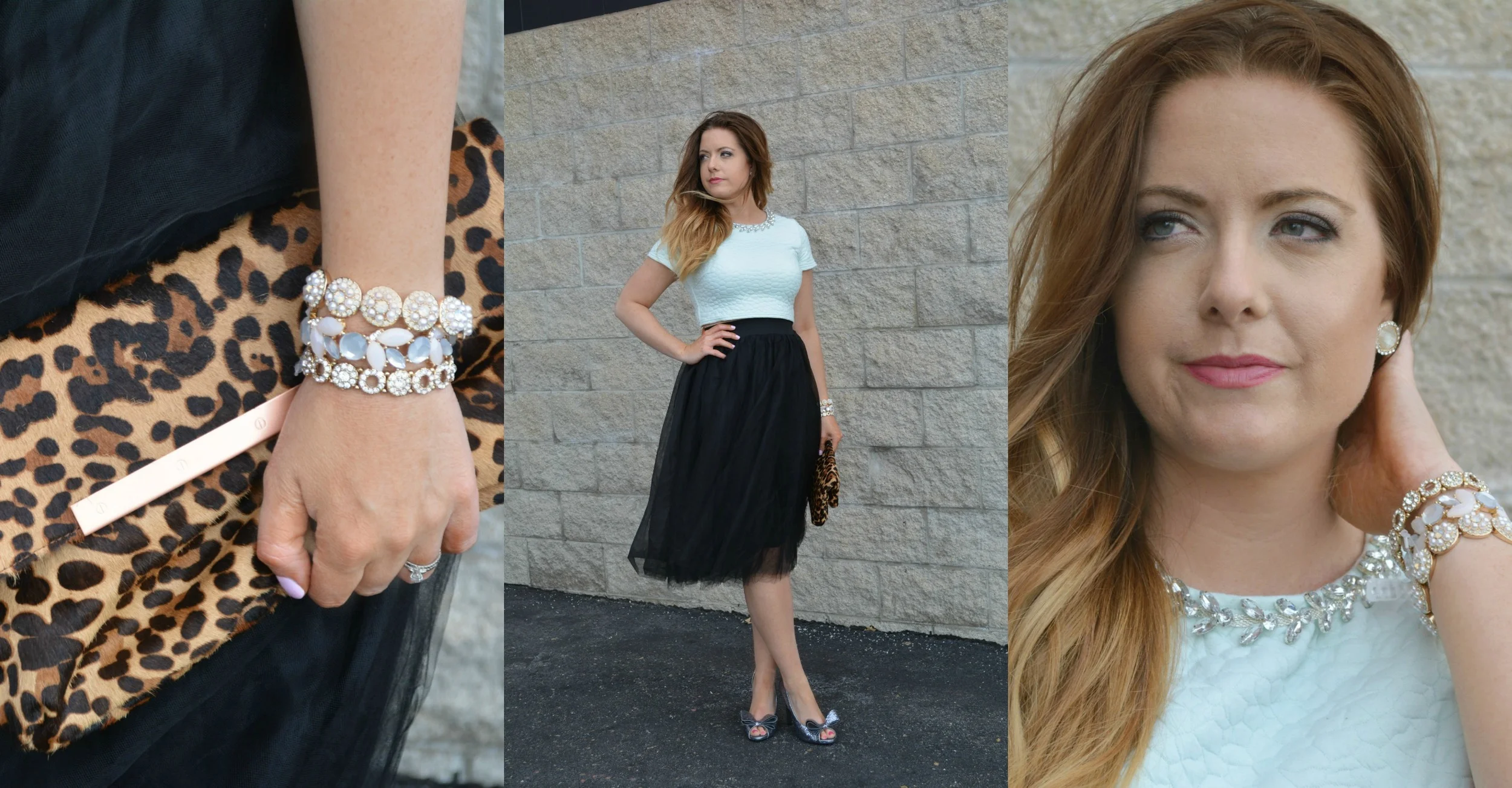 Francesca's top (in store), Windsor skirt similar Macy's dress , Vintage shoes similar at Macy's shoes , Joie clutch similar Macy's clutch , Francesca's earrings , and Francesca's bracelets ( 1,2,3 )