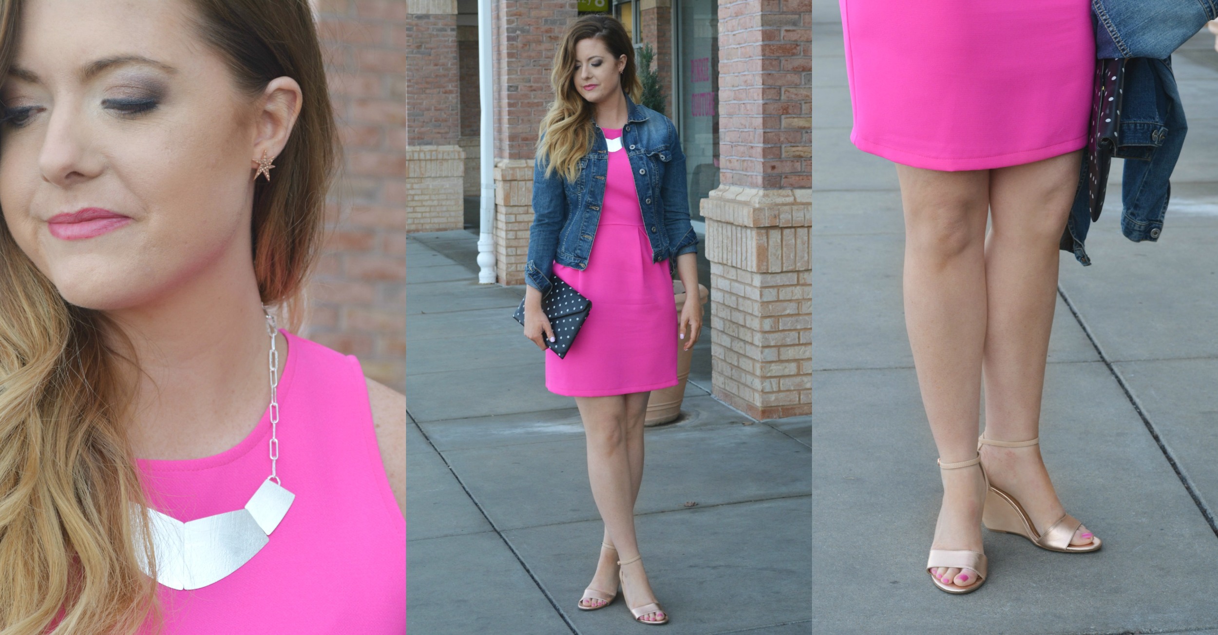 Frankly Basic Dress , Macy's denim jacket , Market Luxe earring similar at Charming Charlie's , Silpada necklace similar at Macy's , Francesca's wedges , and J.Crew clutch similar at Macy's