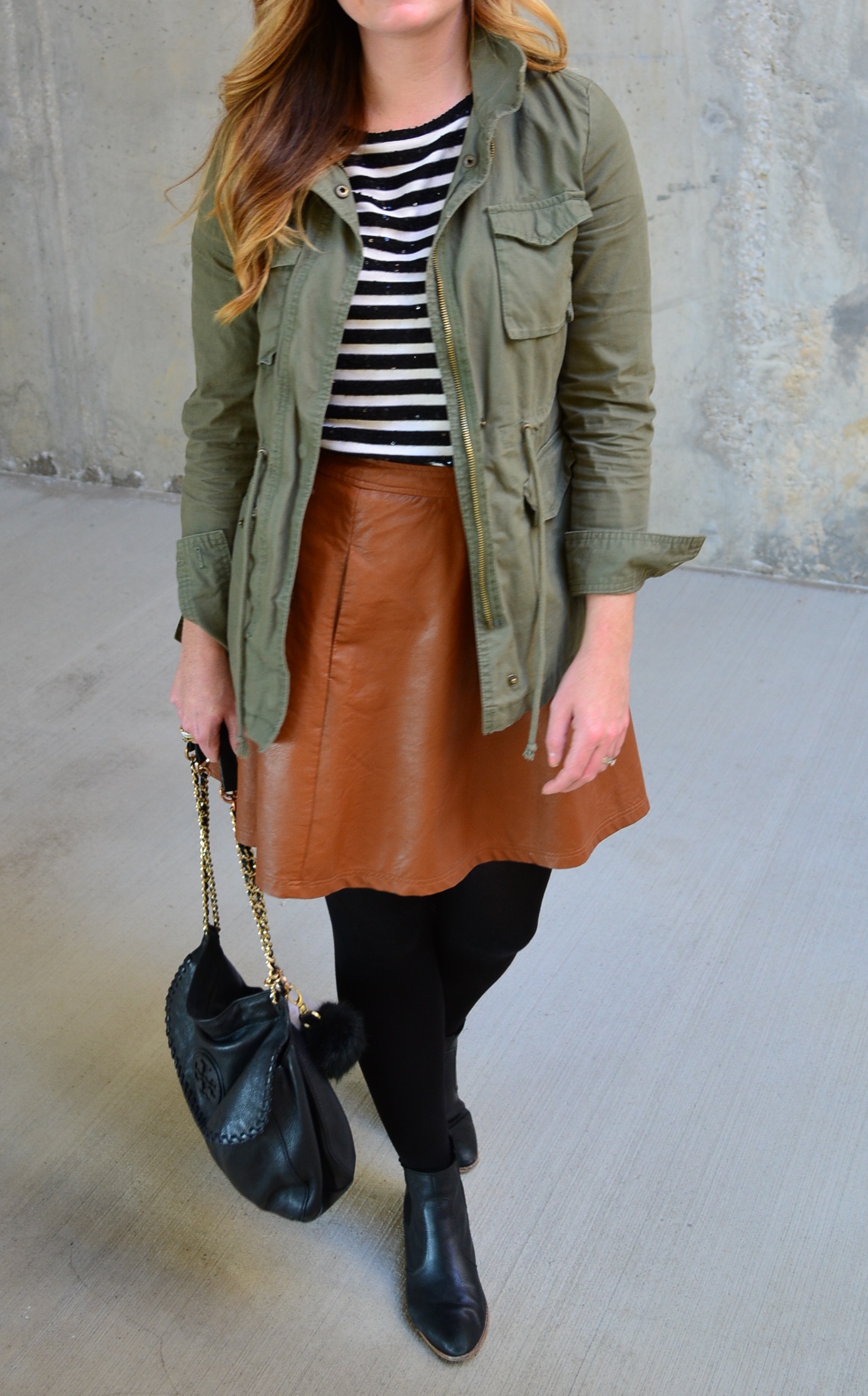Cargo jacket with stripe tee and brown leather skirt for fall on Sophisticaited.com