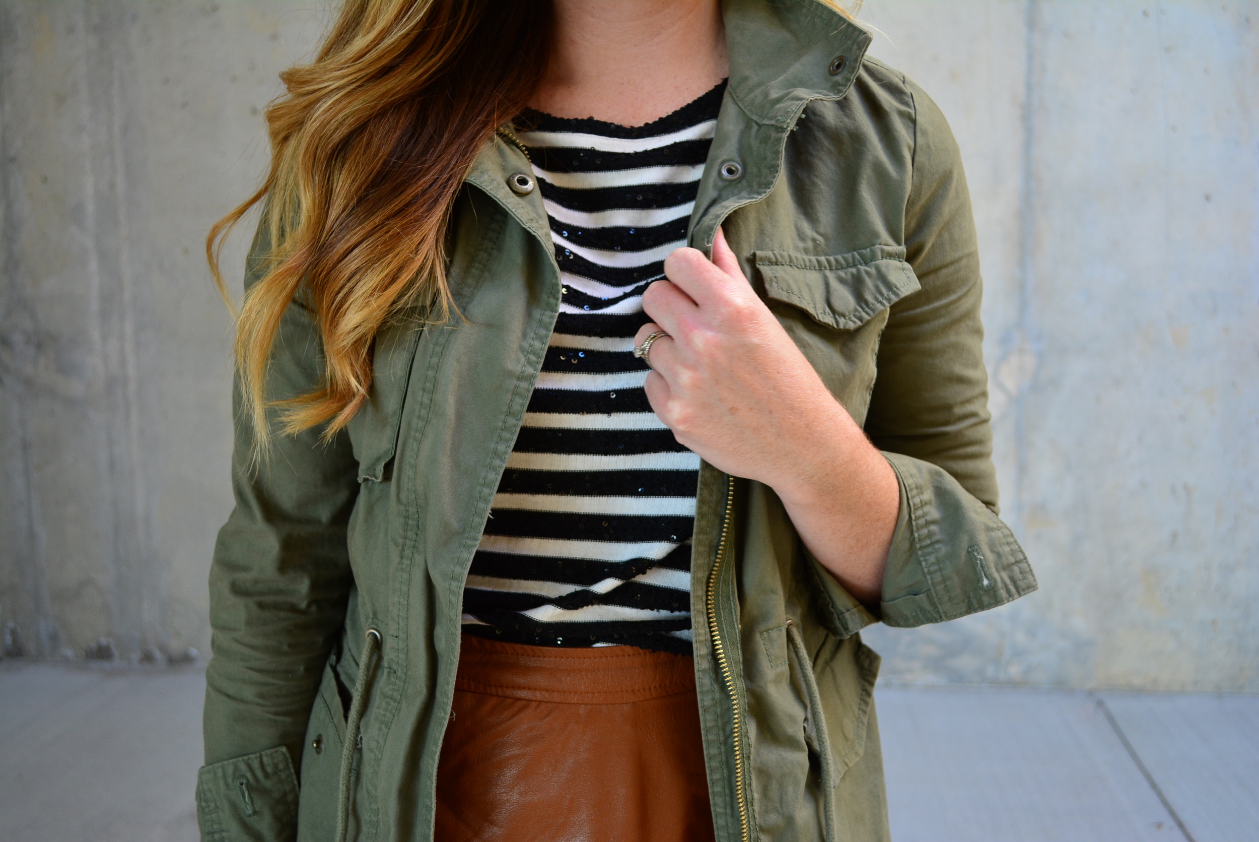 Cargo jacket with stripe tee and brown leather skirt for fall on Sophisticaited.com