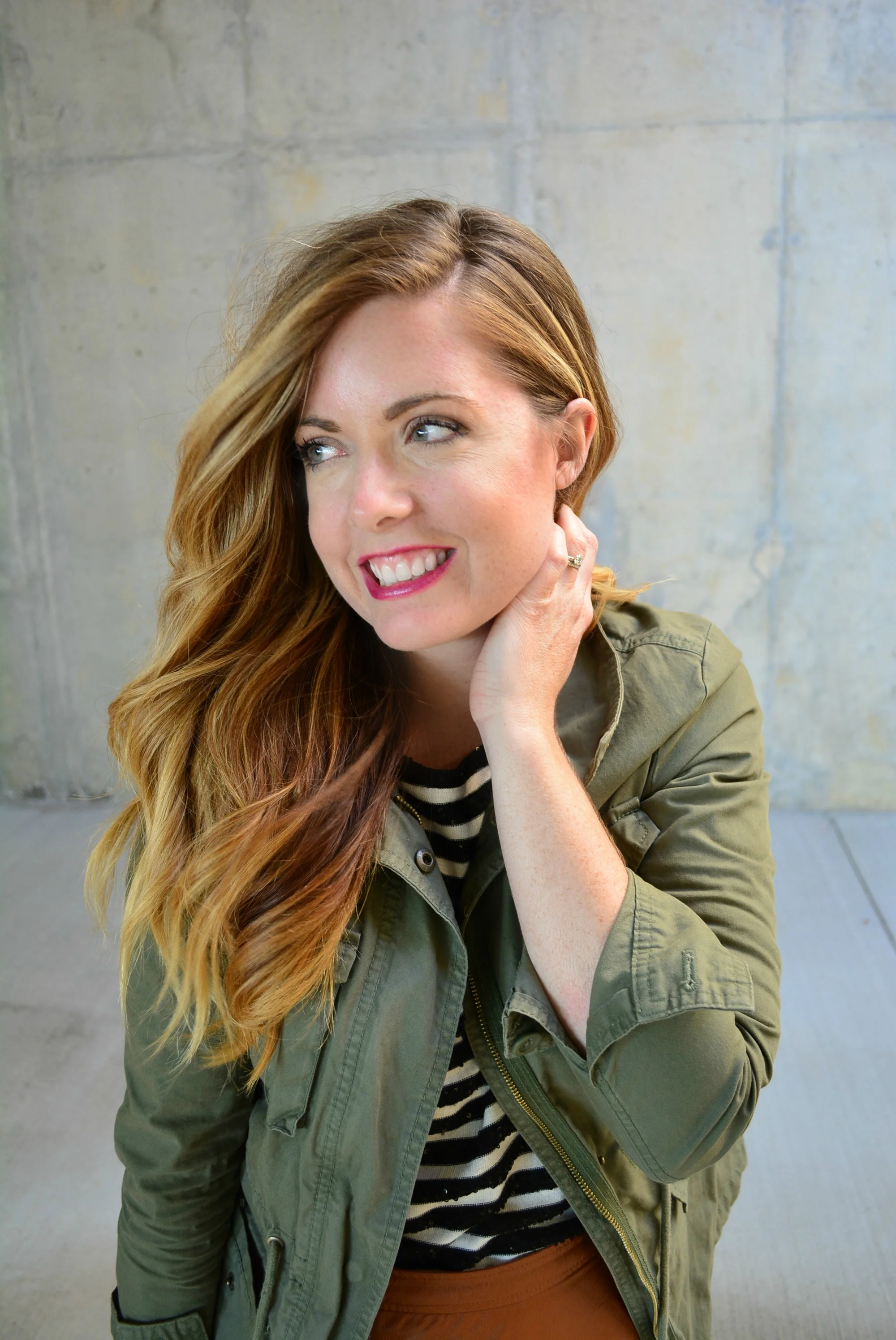 Cargo jacket with stripe tee and brown leather skirt for fall on Sophisticaited.com